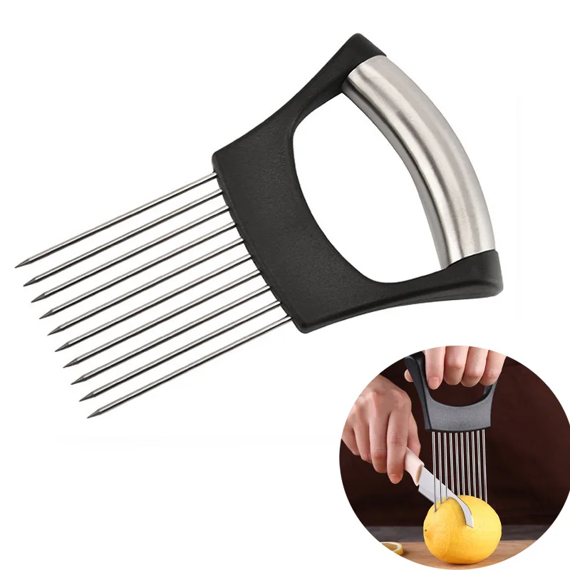 

Ergonomic Durable Food Grade Stainless Steel Food Slice Assistant Onion Holder Slicer Cutter, Silver/black