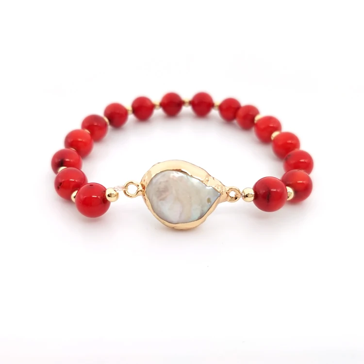 

7mm Red Coral Strand Beaded Bracelet With Natural Irregular Freshwater Pearls, As pitures