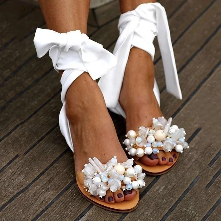 

Rhinestone Pearl Beads Bohemian Women's Sandals Lacing Beach Gladiator Sandals For Women And Ladies