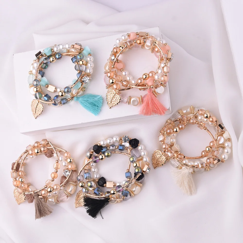 

Wholesale Pearl Bracelet Multi Layer Bead with Charm Bangle Pulseira Bracelet for Girl and Women