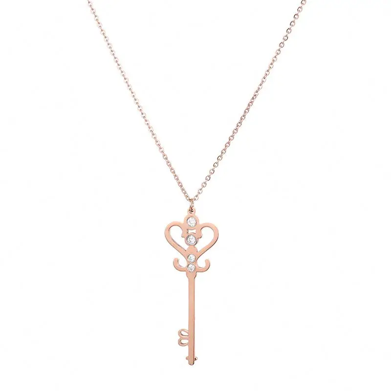 

Hot Sale Women's Vintage Magic Zircon Rose Gold Plated Stainless Steel Key Pendant Necklace, Rose gold color