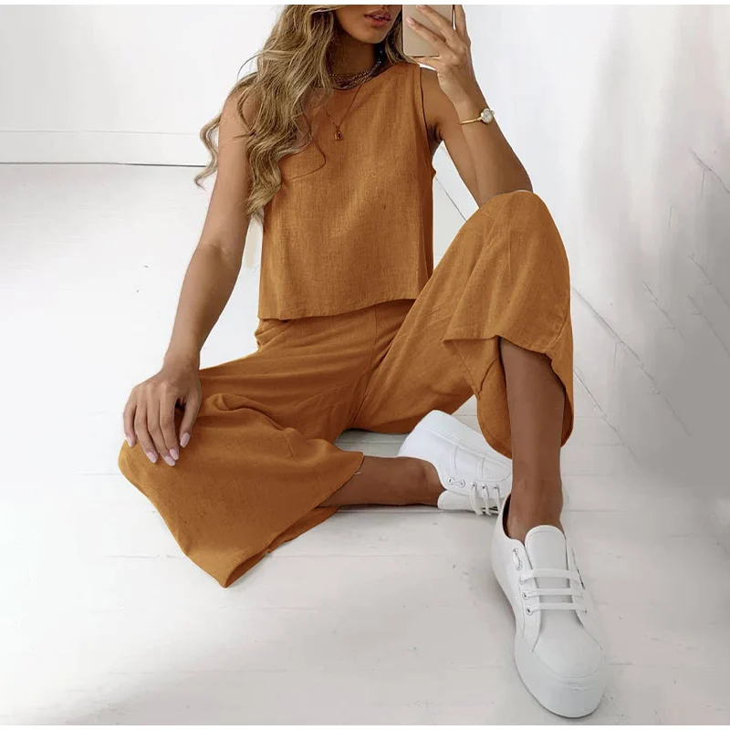 

Women's Tracksuits Cotton Linen Sleeveless Tops and Wide Leg Long Pants Sets Female 2021 Summer Casual 2 Pieces Set Ladies Suits