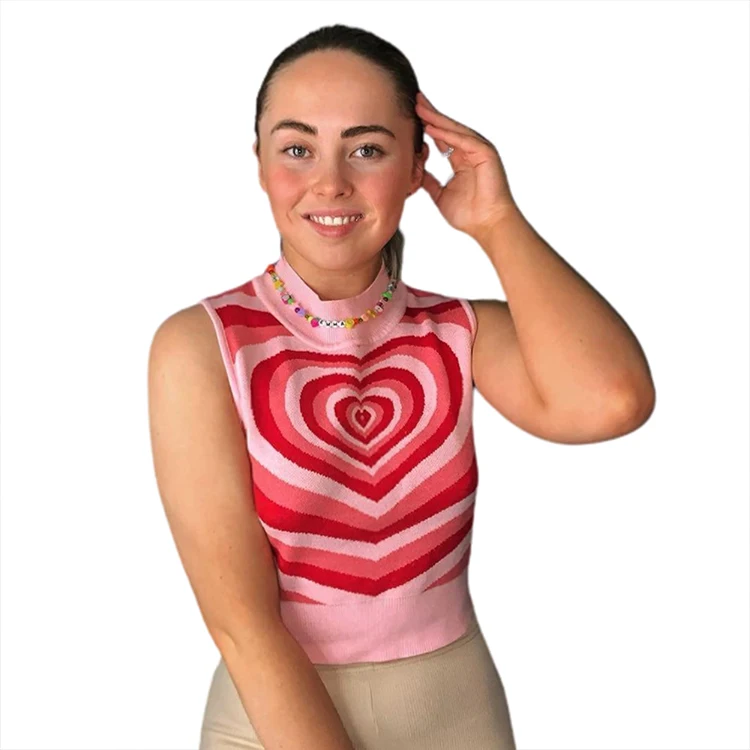 

New Fashion Summer Color Block Heart Printed Knit Sleeveless Women Crop Top Sweater Vest, Pink / green / brown