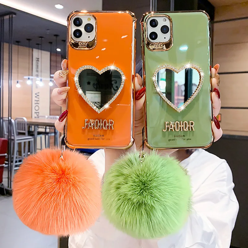 

Luxury Plating Makeup Heart Mirror Shockproof Silicone Soft Phone Case For iPhone 11 12 Coque Cover With Hairball, 6 colors