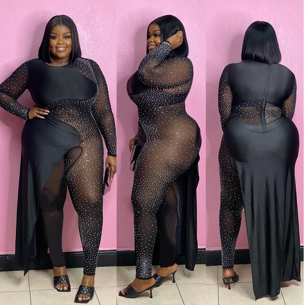 

GX2071 Plus size Women's street wear unique night club sexy see through bodysuits play suit elegant party rhinestone jumpsuit