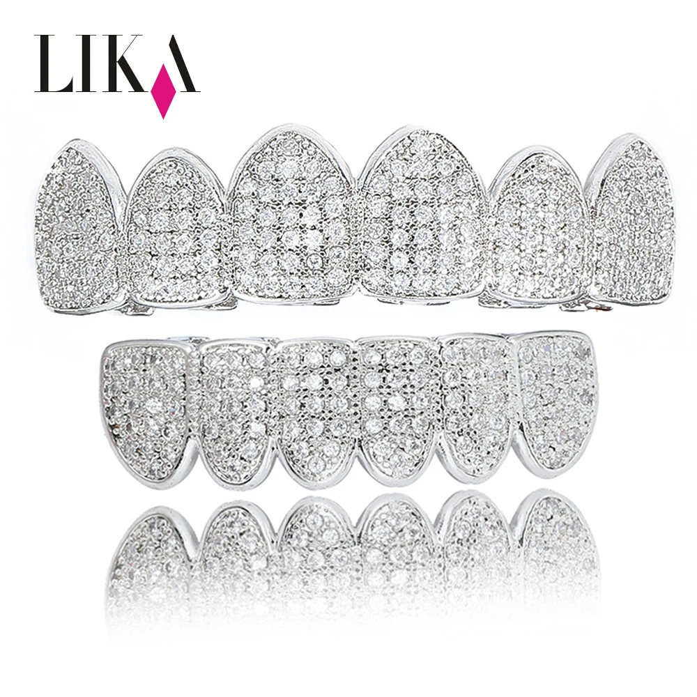 

LIKA Wholesale Fake Braces for Teeth HipHop False Teeth Grillz 3A Zircon Fang Mouth teeth product Top Bottom Grill Set, Silver gold