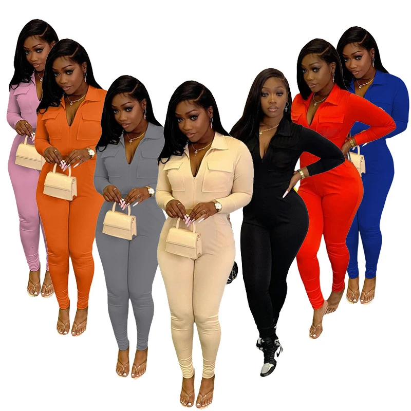 

Custom Fall Womens V Neck Jumpsuits Zipper Rib Long Sleeve One Piece Women Jumpsuits Elegant, Picture shown