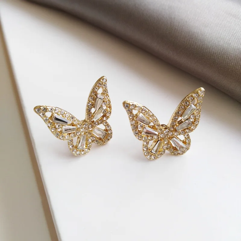 

Luxury 925 Sterling Silver Needle Crystal Butterfly Stud Earrings Colorful Shining Full Rhinestone Butterfly Earring Women Girls