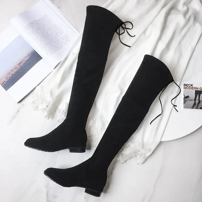 

lowest price winter chunky pointed flat black suede stretchy boots shoe charms knee high women boots, As picture shows