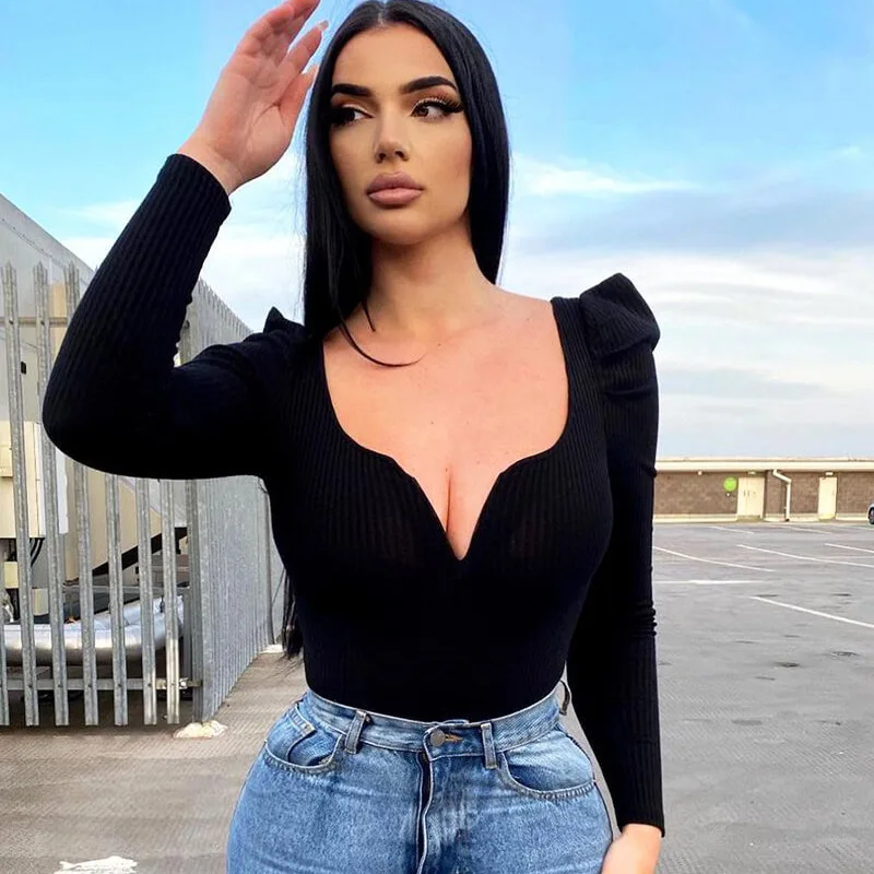 

2021 New Casual Long Sleeve Fall Streetwear Ribber Solid Color V-Neck Bodycon Bodysuit Women Fashion