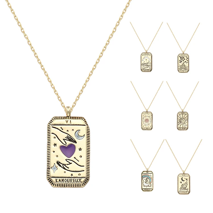 

21046 Girl collie Colorful Enamel Tarot Card Pendant Gold jewelry making Queen Square Moon Sun World Love Power Couple Necklace