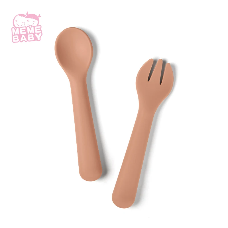 

Wholesale Customized BPA Free Nordic Silicone Baby Fork and Spoon Set Feeding Training Set For Toddler, Beige,pink,rust,grey,blue,customized
