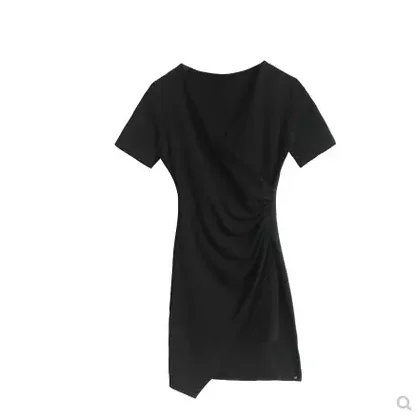

Evening Sexy Women 2021 Party Fashion Short Sleeve Formal New Style Irregular Casual Dress Summer V-neck, Black dark grey