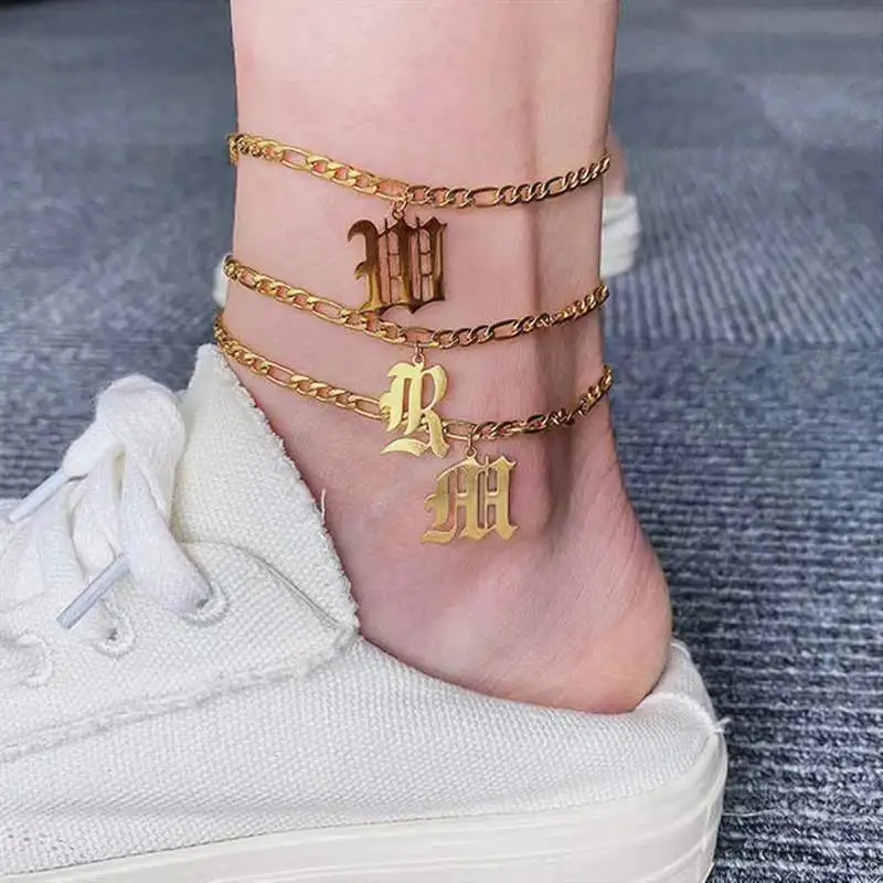 

Stainless Steel Waterproof 18K Gold Plated Old English Font 26 A-Z initial Letter Figaro Chain Anklets, Picture