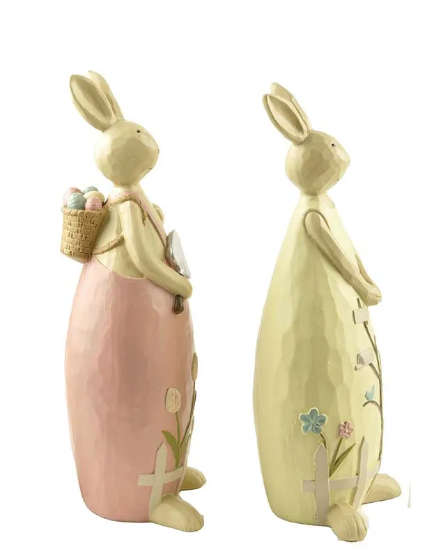 Polyresn Spring Bunny/ Rabbit Couple w/Shovel Garden Figurine Decoration