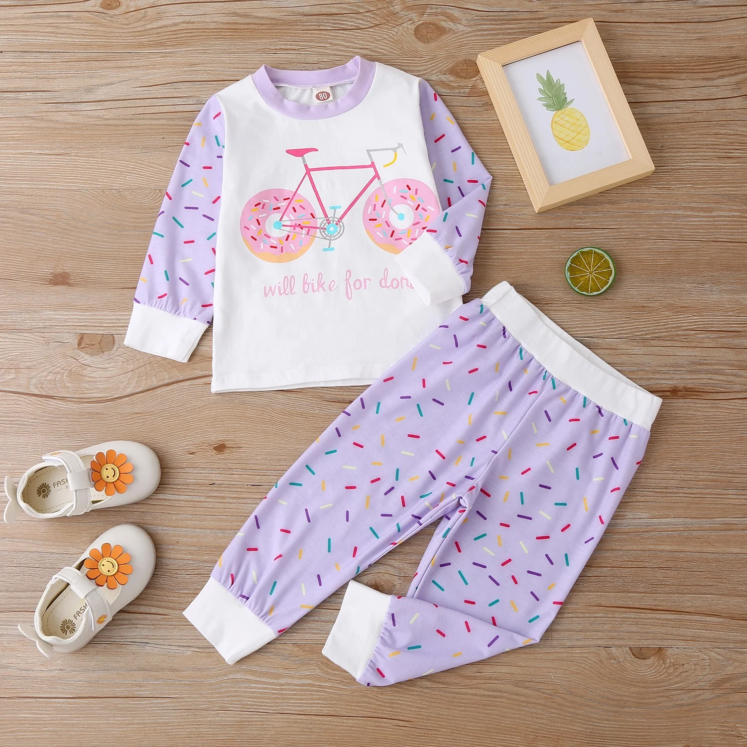 

Lavender light purple doughnut cartoon cute desserts cartoon knitted breathable baby girl clothes sleepwear ser pajamas kids