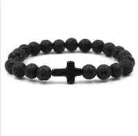 

Charm Natural Stone Bracelet Cross Black Lava Matte Beaded Bracelets Handmade Men Women Prayer Fitness Chain Couple Jewelry Gift