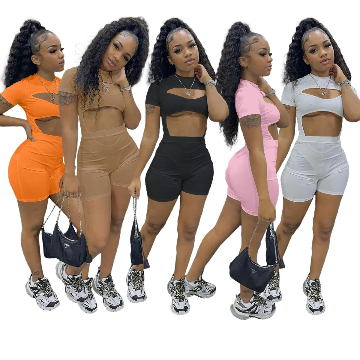 

Cut out bodysuit & shorts set summer women outfits 2 piece set casual sporty solid color two piece shorts set