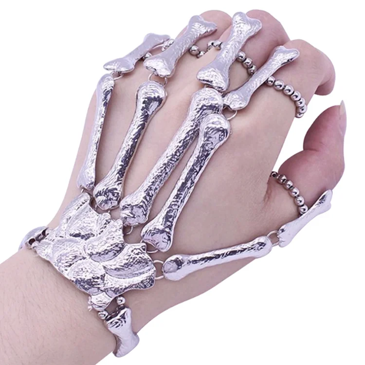 

Fashion Women Hand Chain Skull Fingers Metal Alloy Skeleton Slave Bracelet Ring, As pictures