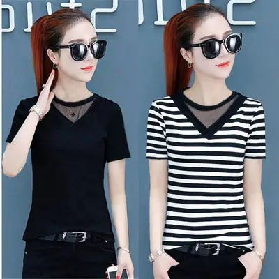 

2020 Summer v Collar fake two Slim solid-color t-shirt Stripe undershirt shirt short-sleeved Korean edition thin