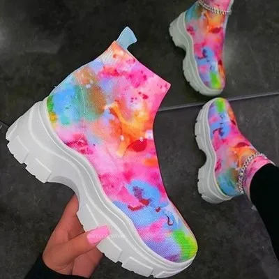 

autumn winter Walking Shoes Women Outdoor tie dye Casual Comfortable Soles Jogging Sports Sock Female Sneakers Shoes, 2 colors