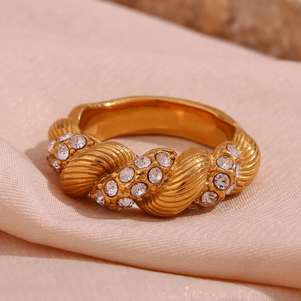 

Vintage Twisted Crystal Rhinestone Ring Stainless Steel Tarnish Free Waterproof Gold Plated PVD Jewelry