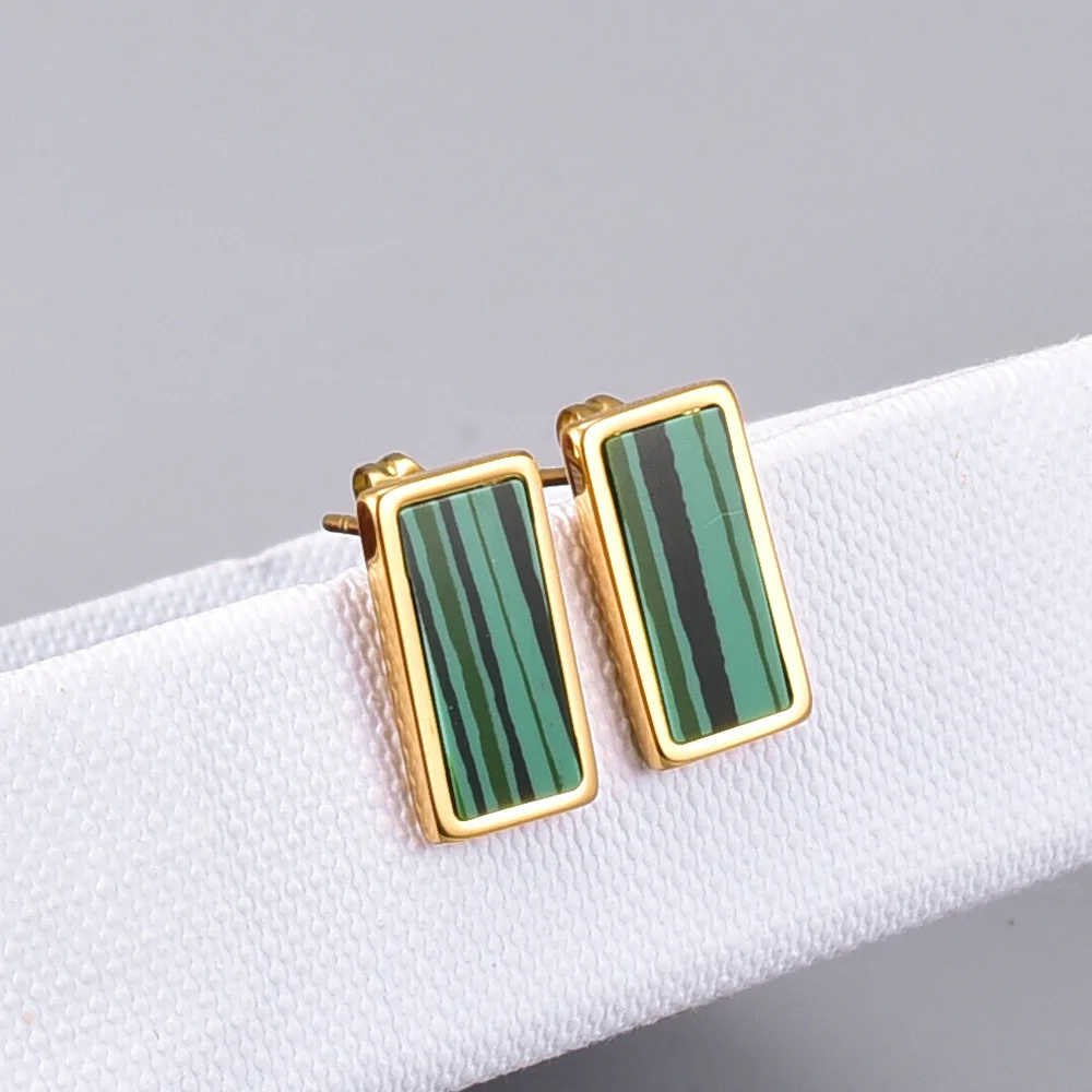 

Fashion Stainless Steel Green Malachite Stud Earrings Newest Arrival Rectangle Natural Malachite Stud Earring