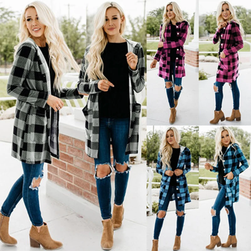 

Women Plaid Hooded Long Coat Autumn Winter Single Breasted Outdoorwear Blouse Lady Daily Streetwear Overcoat