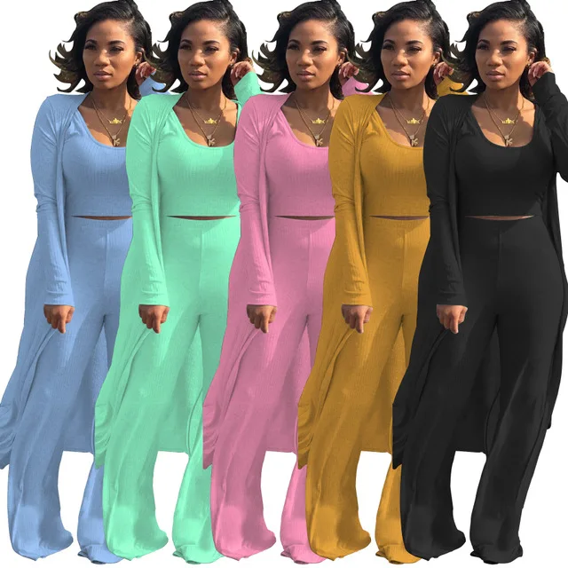 

High Quality Women 3 Piece Set Crop Top with Long Coat Ladies Ribbed Jumpsuit Ladies 3 Piece Suits