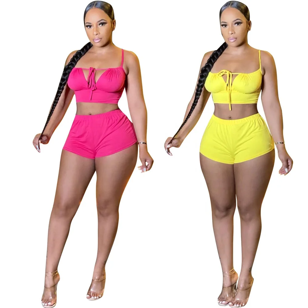 

YD - 5474 High quality women plain two pieces set top shorts hollow out crop top shorts set women