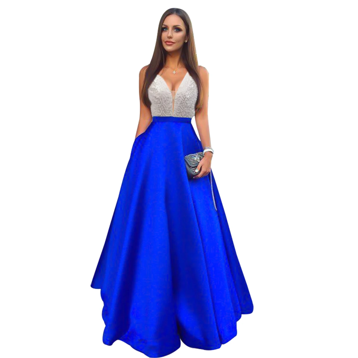 

Elegant Lady Luxury Blue Dress for Party Deep V-neck Sleeveless Sequin Dress Women Long Bridal Evening Dresses