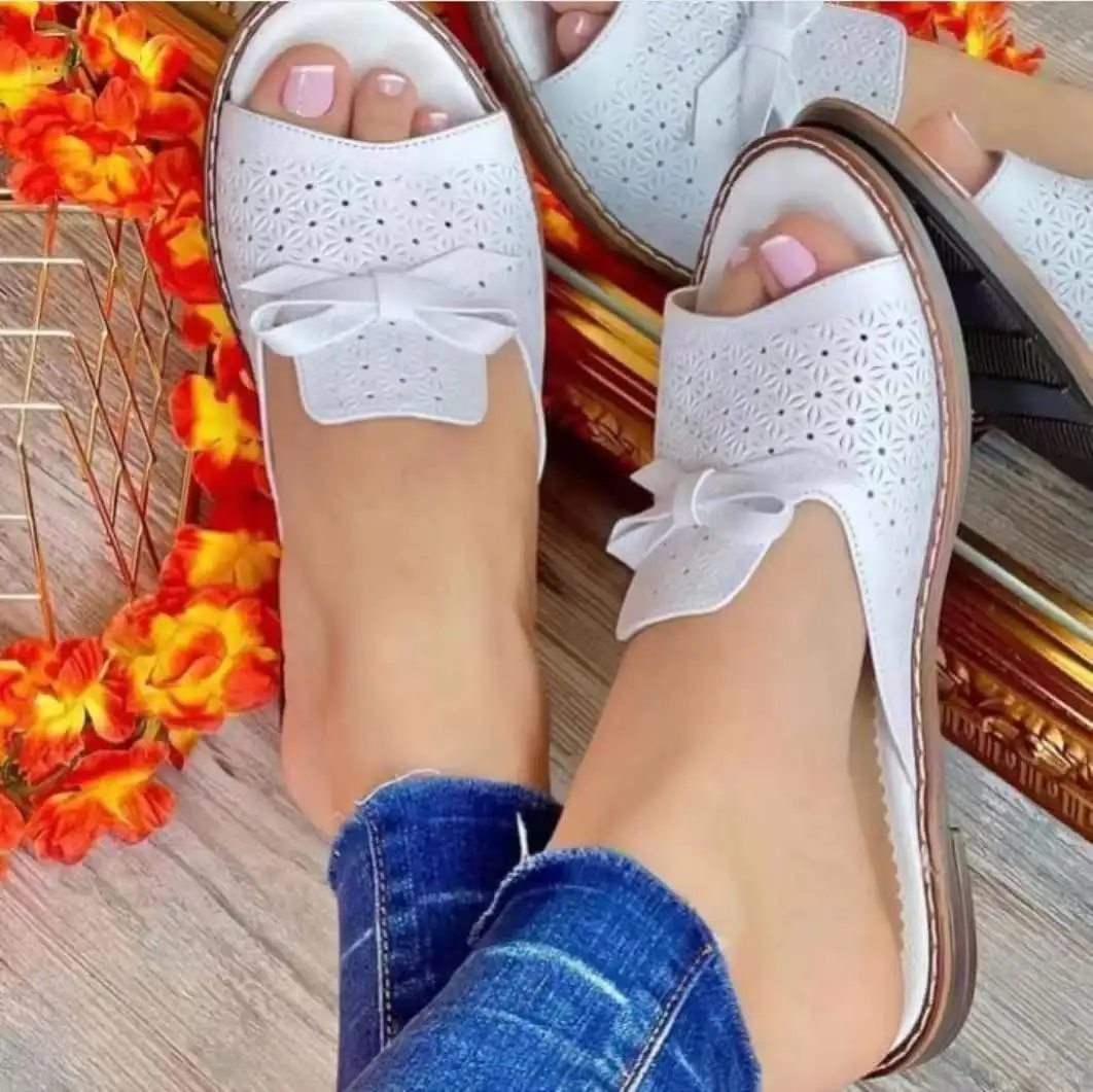 

Summer Big Size Leather Shoes Openwork Bow PVC And PU Slippers Ladies, Black