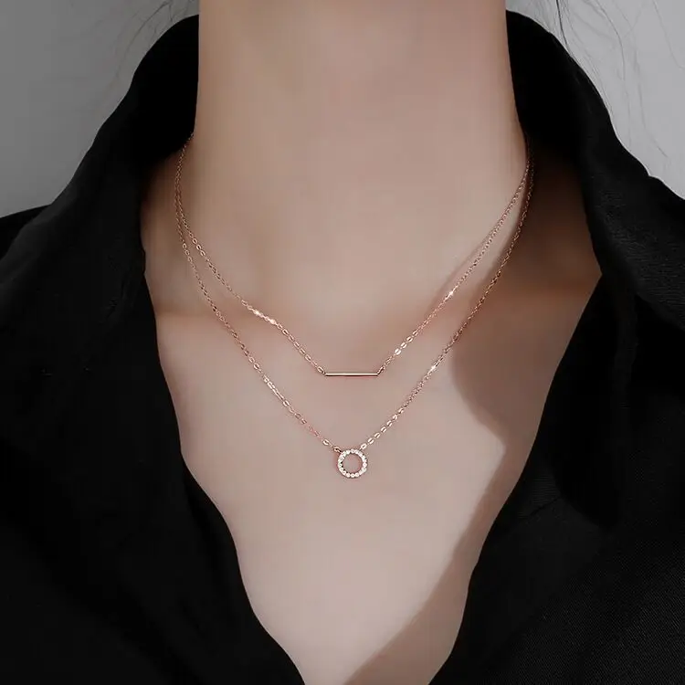 

LUOXIN Fashion 925 Sterling Silver CZ Zircon Double Layer Circle Bar Choker Necklaces