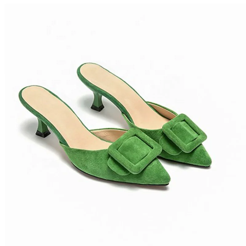 

New Fashion Style Pointed Toe with Buckle Kitten Heel Back Empty Slingbacks Sandals Slide Sexy girls Party Wedding Dress Shoes, Black green pink