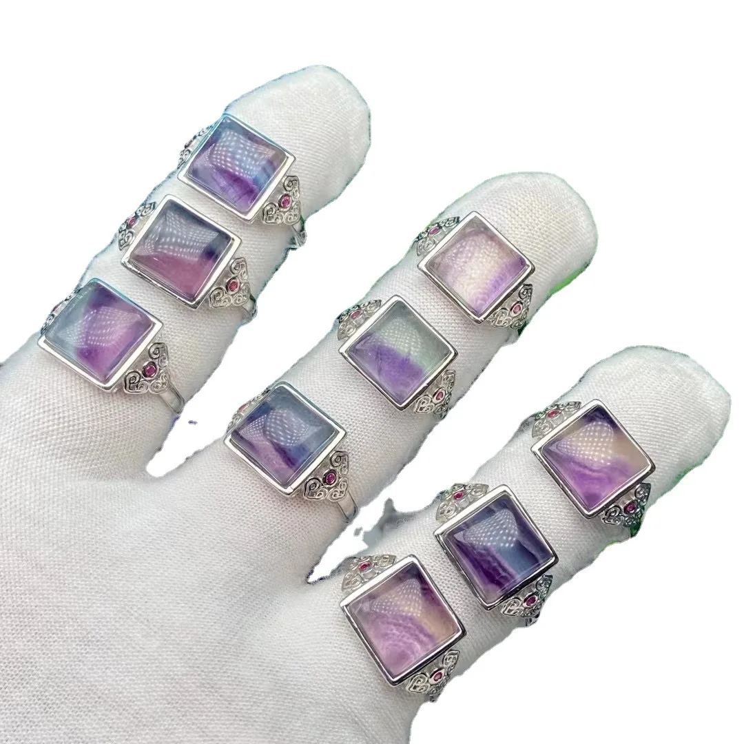 

100% natural stone fluorite ring for women temperament charm silver finger adjustable rings gemstone jewelry