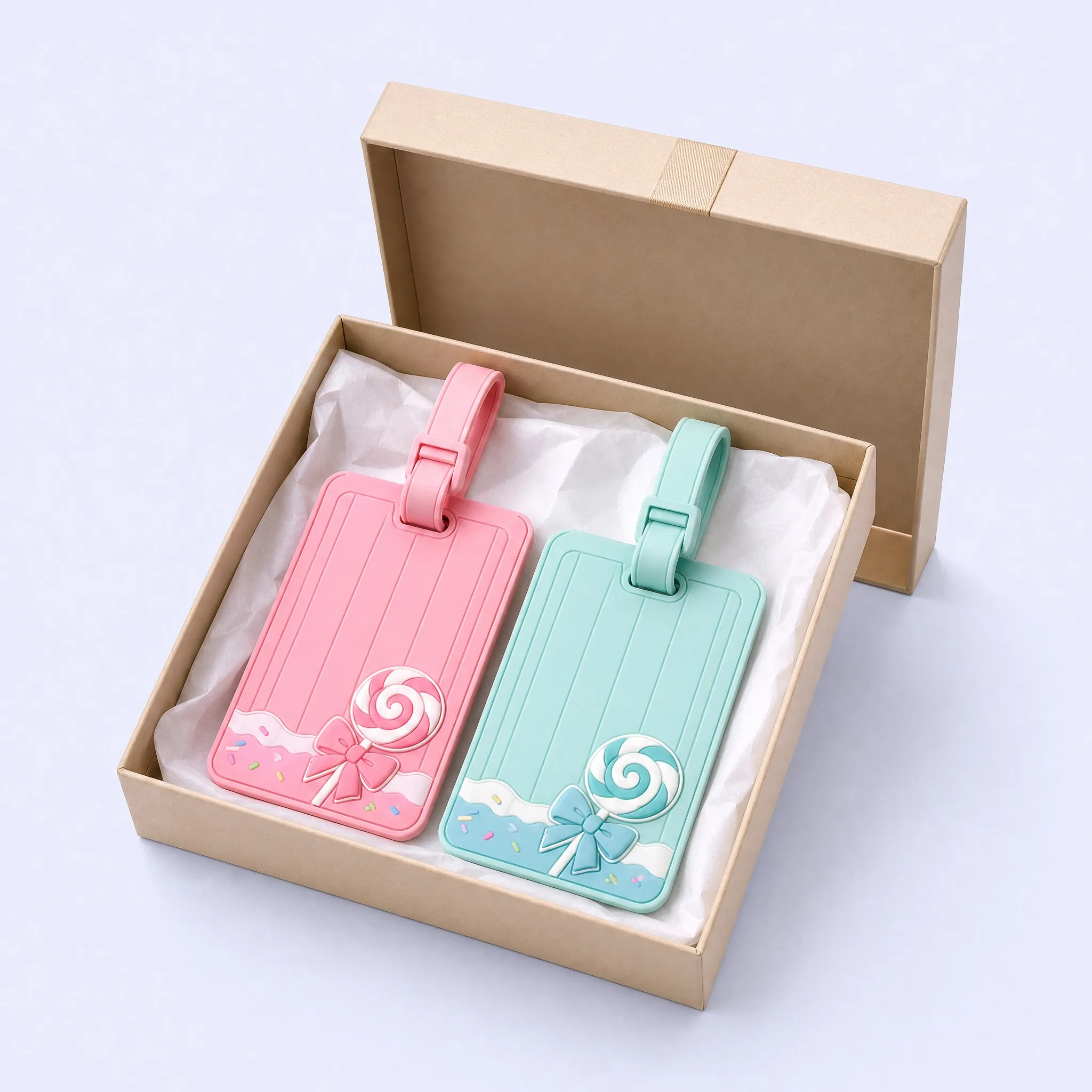 Custom 3D Soft PVC Luggage Tag Pair in Luxury Kraft Paper Hardcover Gift Box Packaging