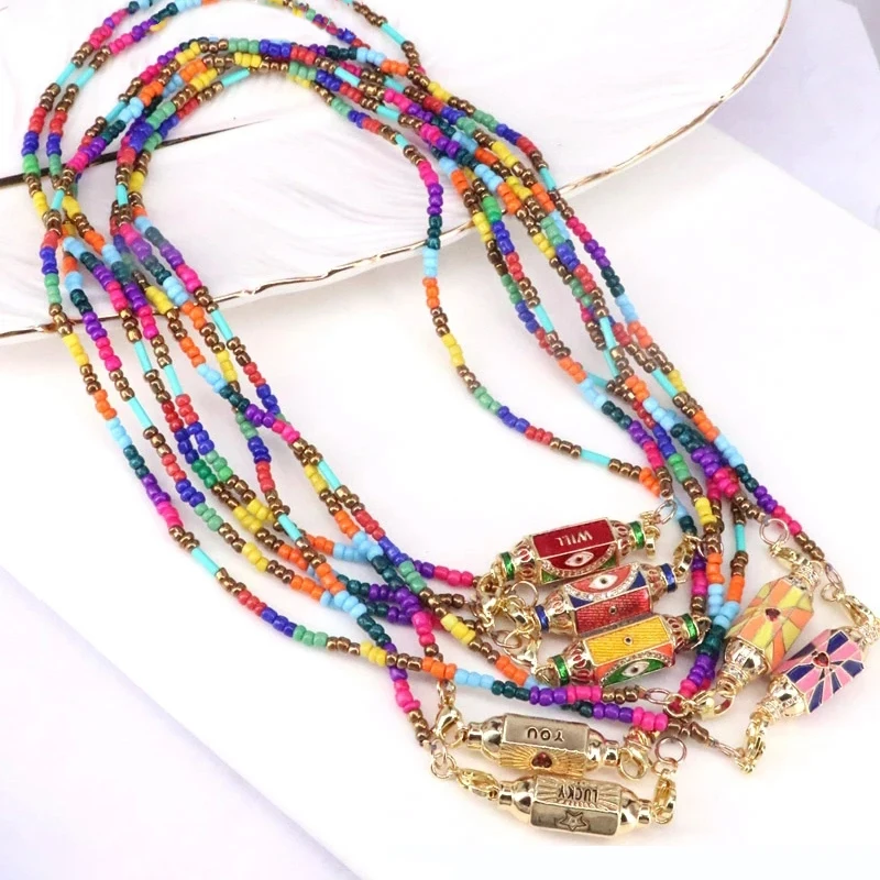 

2021 New BOHEMIA Lucky Praying Bead Bracelet Gold Pendant Woman Enamel Talisman CZ Necklaces, Colorful