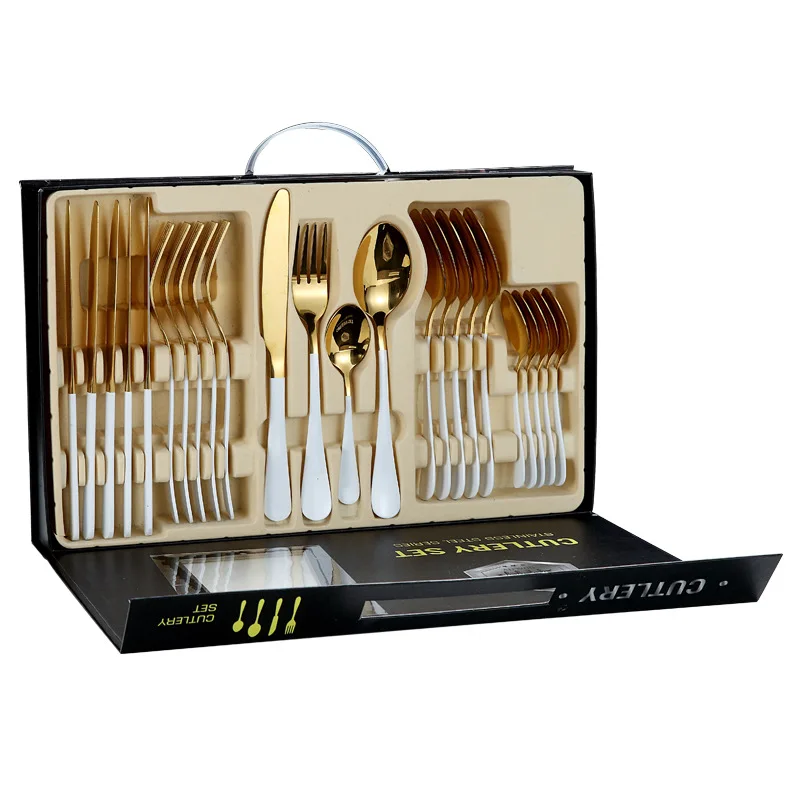 

Amazon hot sale gold plated 24pcs blue handle gold flatware cutlery sets with box, As pictures