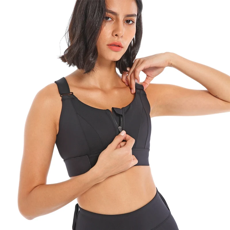 

New Front Zipper Bra Without Steel Ring Sports Underwear Solid Color Cross Beautiful Back Shockproof Fitness gleemerz