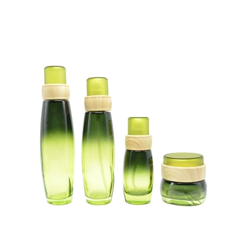 

New product green glass cosmetic bottle and jar with spray cap