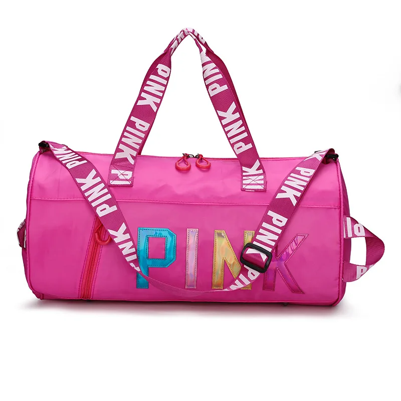 

custom fashion logo sport gym backpack waterproof Cross body travel zipper duffel bag Pink Letter travel bags, As show