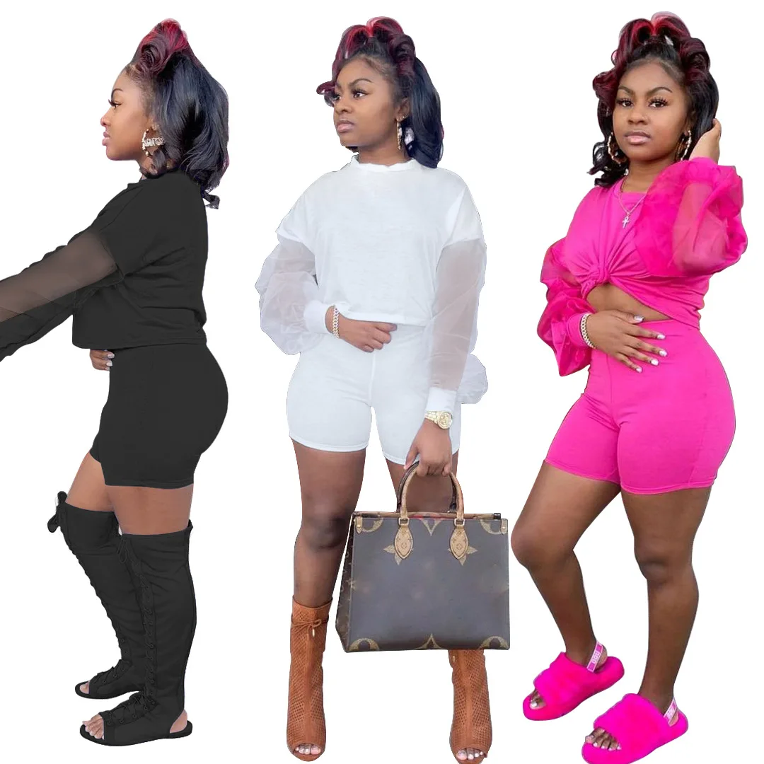 

M6505 Solid color stitching organza cute matching set outfit two piece set women clothing summer short set