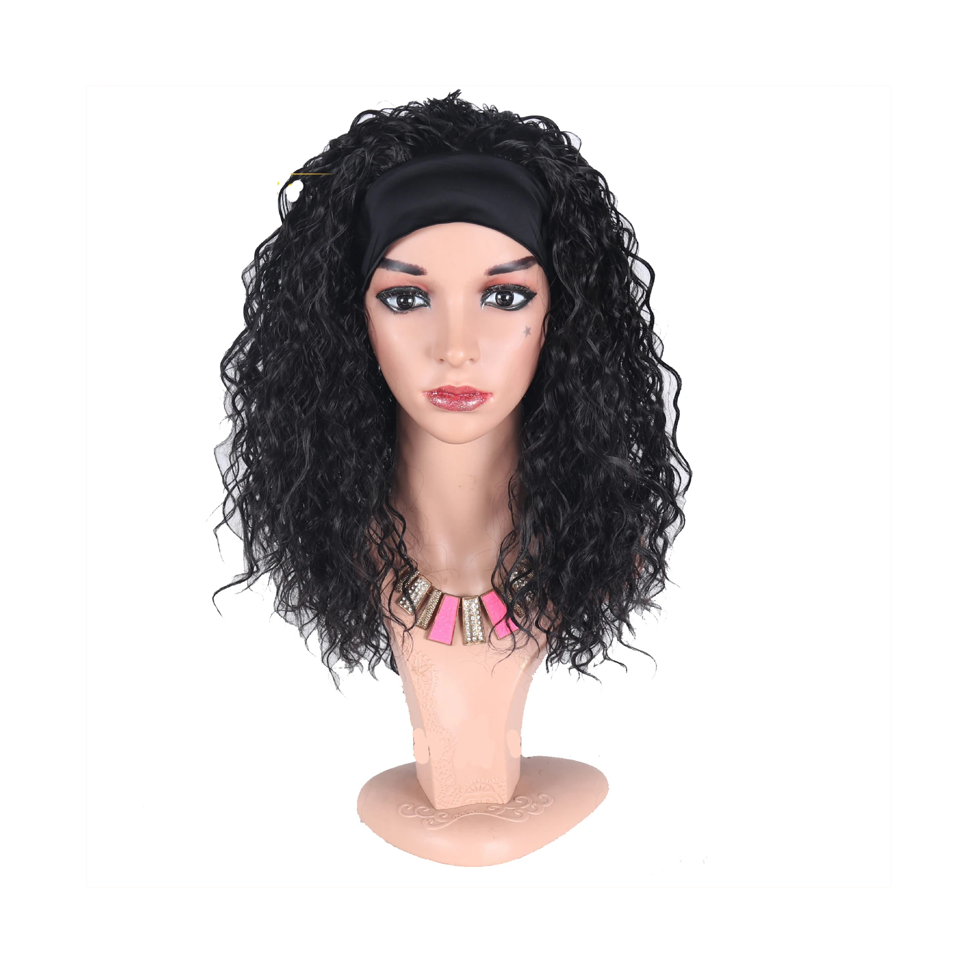 

Synthetic Turban Braided wool curls Wig Afro Puff Headband Hair Bun with Bangs