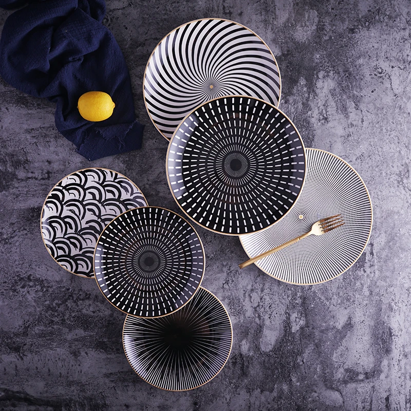 

Nordic 8 or 10 Inch Geometry Tableware Ceramic Dinner Plate Dish Porcelain Dessert Plate Dinnerware Cake Plate, Black