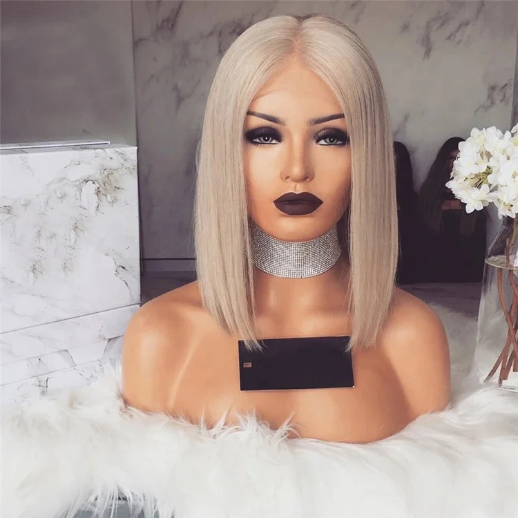 

Blonde Lace Front Wig Bob Style Cambodian Human Hair Short Wigs for White Women