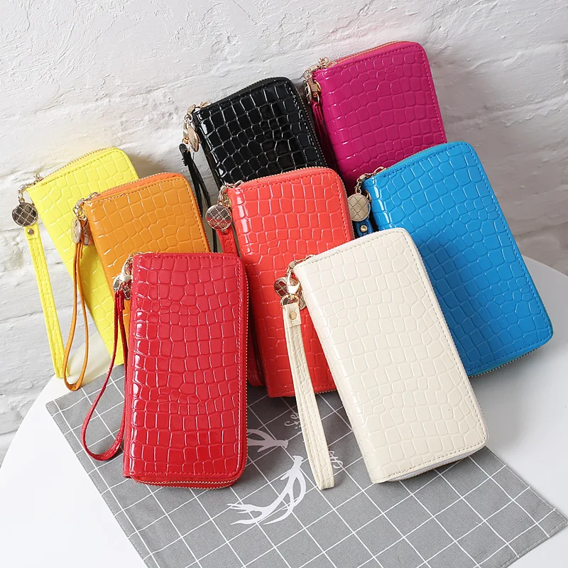 

New Stone Pattern Women's Custom Wallet Candy Color PU Mobile Phone Bags Long Double Zipper Clutch Bags, Black, blue, yellow, purple, hot pink, pink