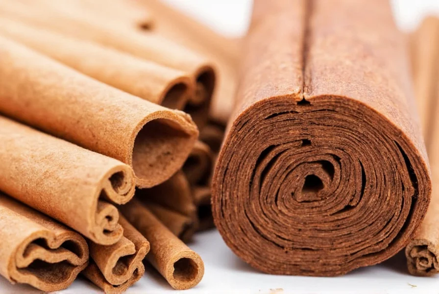 Close-up comparison of Ceylon cinnamon quills versus Cassia cinnamon sticks showing the multiple thin layers of Ceylon versus single thick layer of Cassia