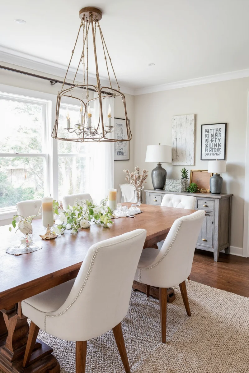 Rustic farmhouse dining area with floating shelves