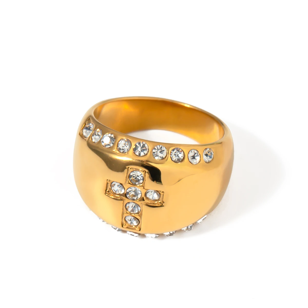 

J&D Minimalist Rings Jewelry Women 18K Gold Plated Stainless Steel Chunky Cross Zircon Lady Ring