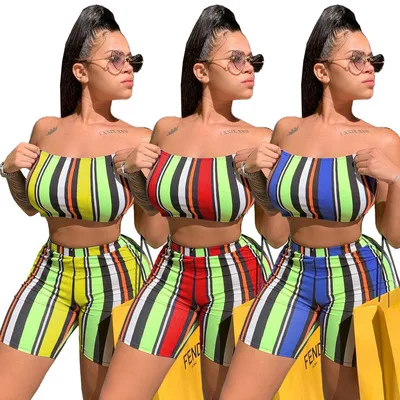 

Women's clothing trend stripe womens two piece set high quality tube top two piece set club two piece sets